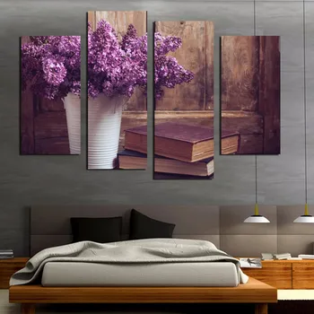 

Painting For Living Room Home Decor 4 Pieces/Pcs Purple Flower Print HD Modular Pictures Poster Frame High Quality Canvas