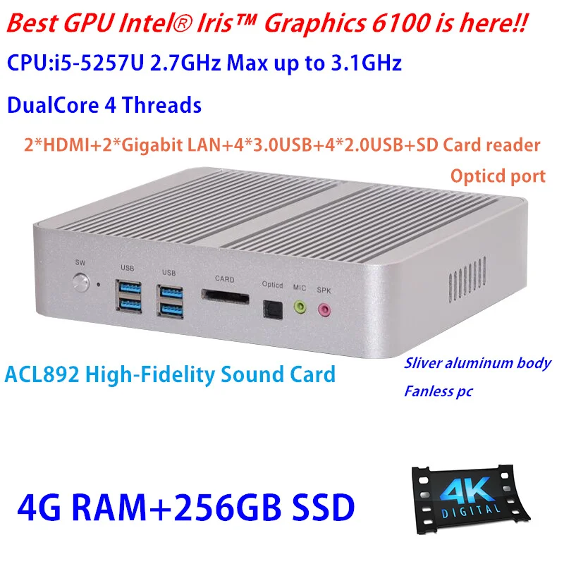 Top GPU Iris Pro HD 6100 Broadwell Intel Core i5-5257u Fanless Gaming Mini PC with 4GB RAM+256GB SSD HTPC Hi-Fi Sound Card TV