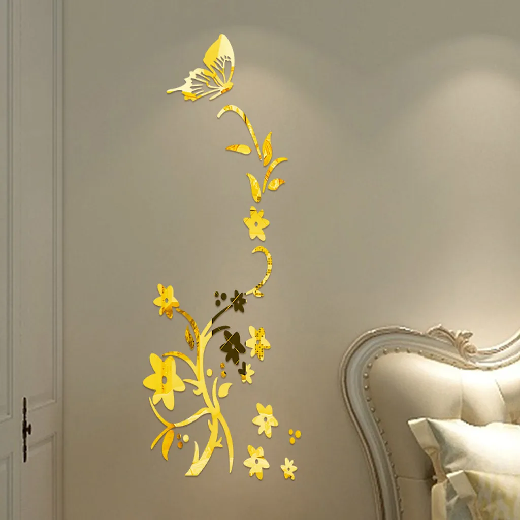 3D Diy Наклейка на стену в форме цветка бабочки, современная акриловая Зеркальная Наклейка s для гостиной, спальни, домашнего украшения стены 1222