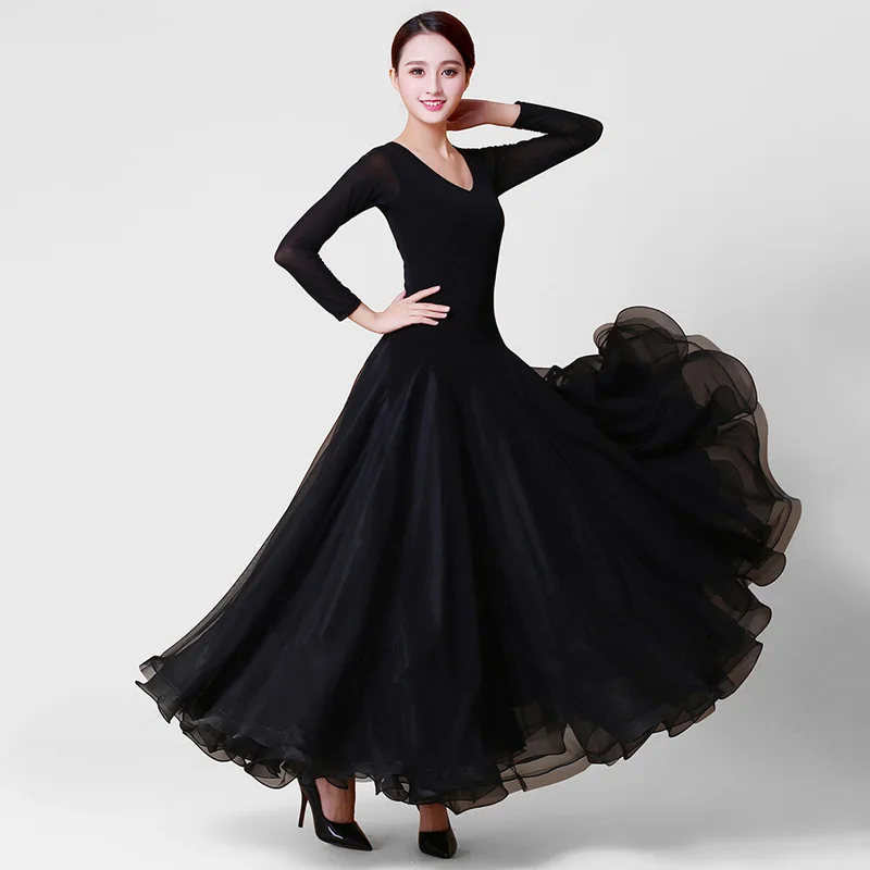 Ballroom Dance Dresses Lady's Long Sleeve Black Tango Waltz Dancing ...