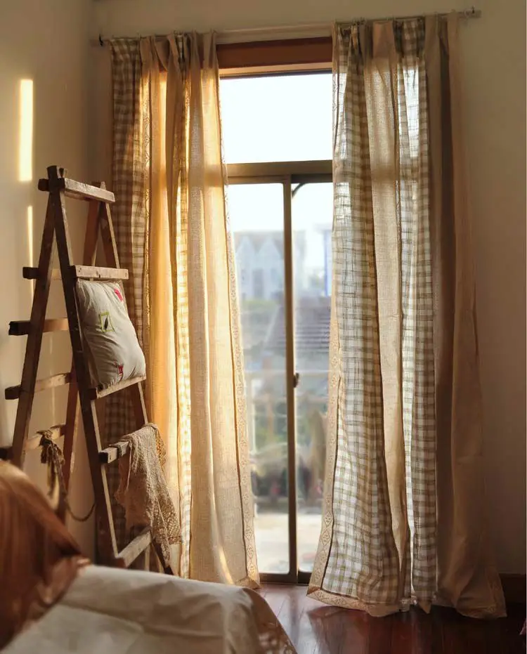 Free shipping Minimalist French Window juxtaposition plaid lace curtain