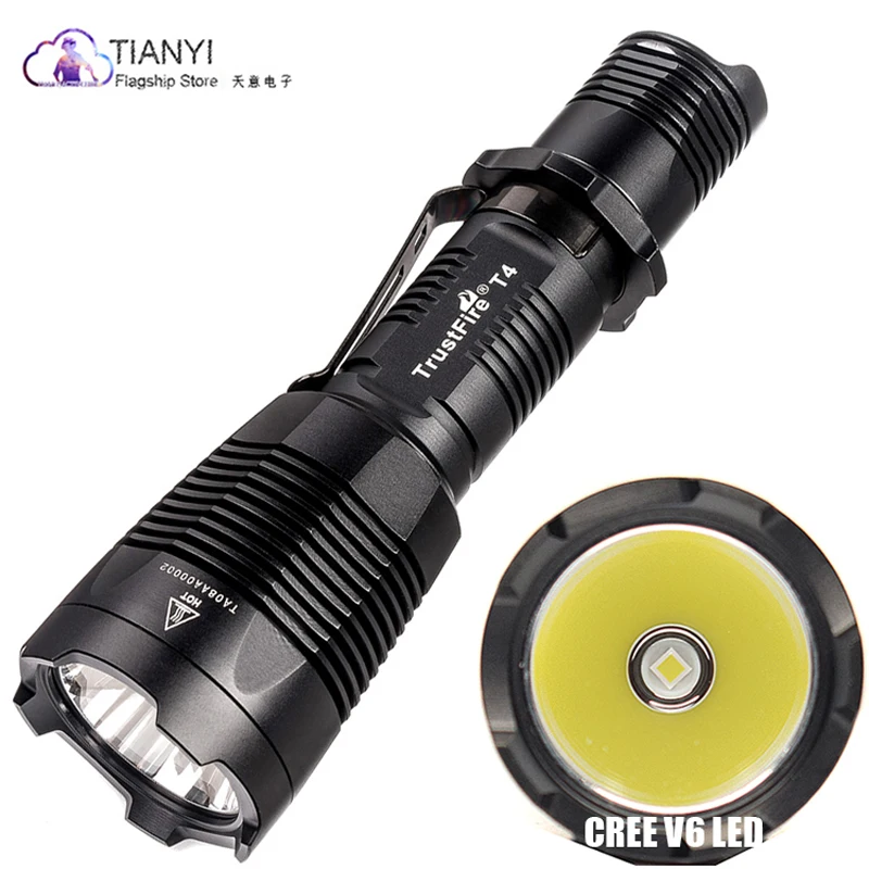 

TrustFire T4 18650 Tactical Light 1000 Lumen Military and Police LED Flashlight with Crowned Bezel and Tail Switch for Hunting