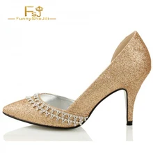 Золотые туфли-лодочки D'orsay блестящие туфли со стразами на шпильке туфли-лодочки с острым носком женская обувь Свадебная вечеринка пикантные туфли с острым носком FSJ блестками