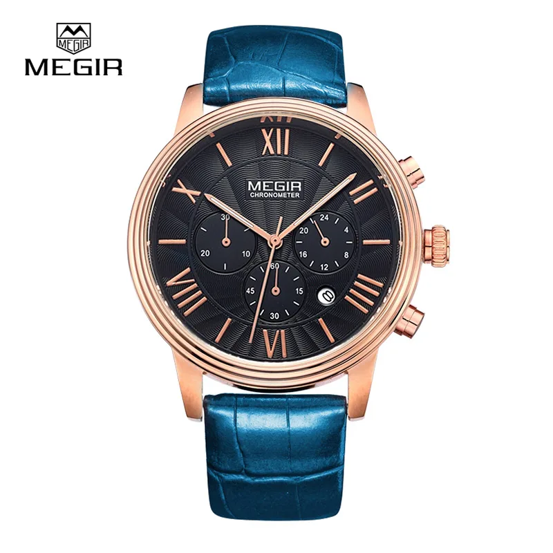 Megir sports quartz watch men genuine leather multifunctional watches waterproof wristwatch male2012 free shipping
