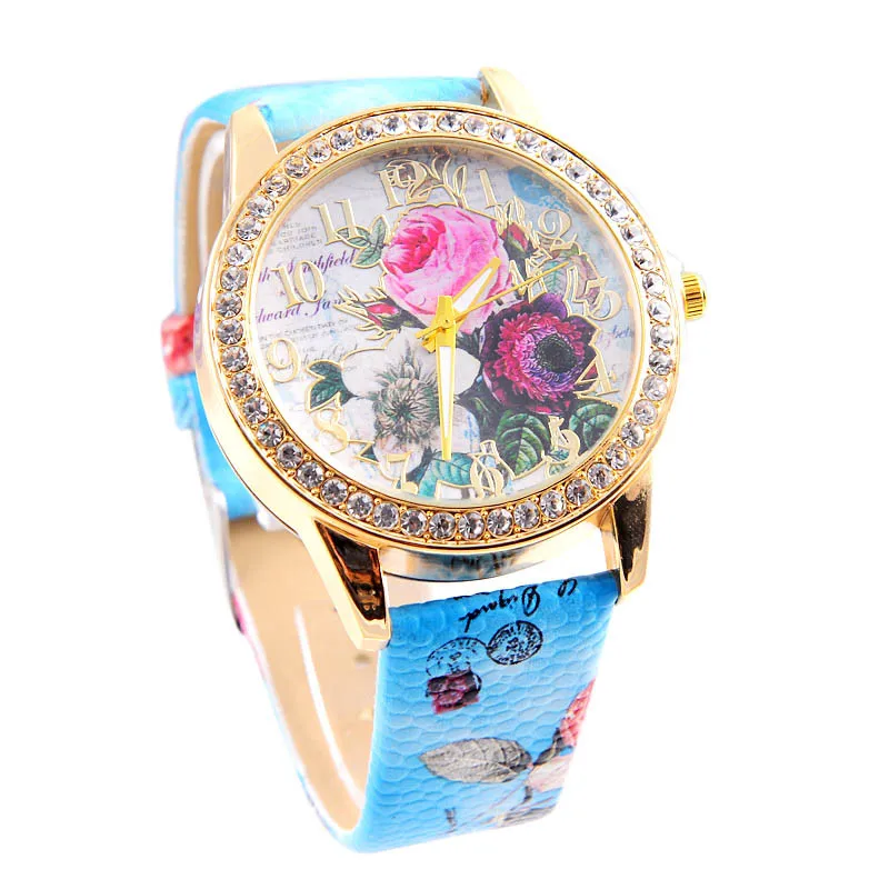 

Creative Luxury Watch Women Flower Mission Women Colored Diamond PU Leather Watches Quartz Watch bayan kol saati montre femme
