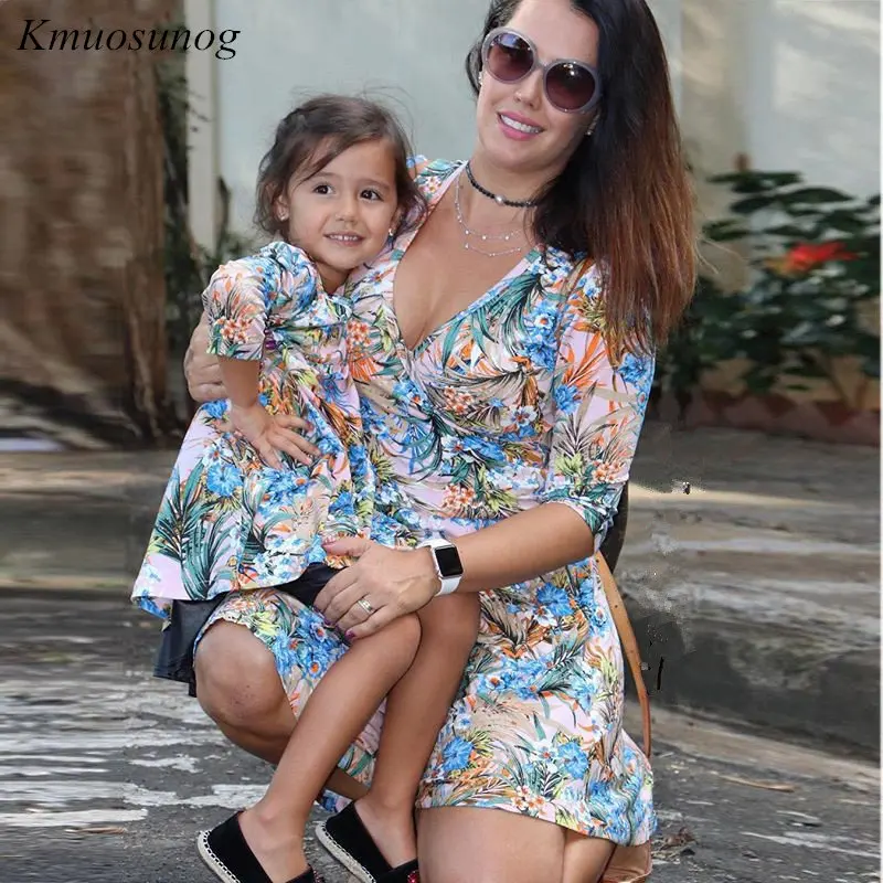 Mother-Daughter-Dresses-Half-Sleeve-V-neck-Mini-Dress-Mother-and-Daughter-Clothes-Spring-Leaf-Flowers
