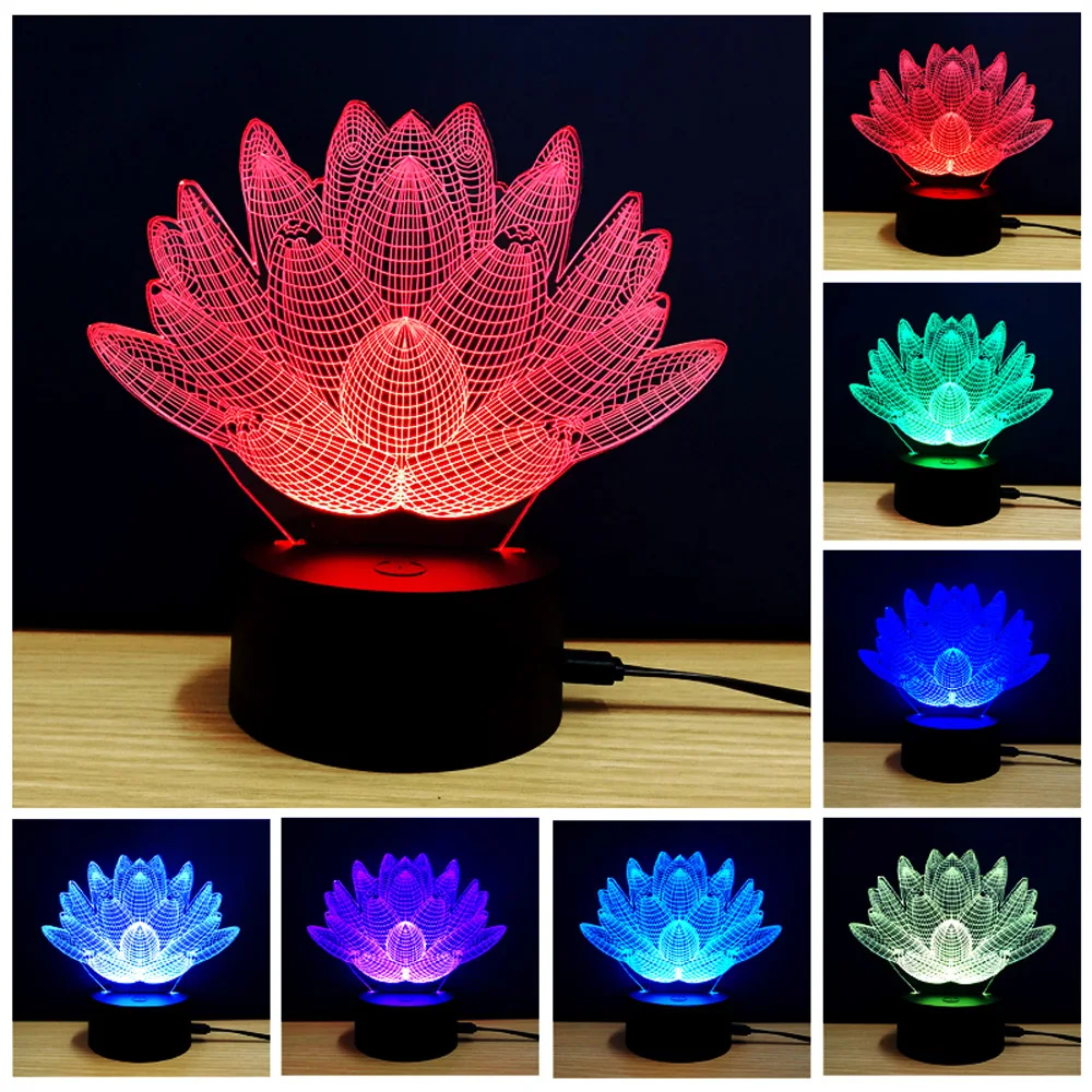 

New Arrival Creative Lotus Design Rechargable 3D Colorful Lotus Model LED Table Lamp with USB Desk Light Room Decoration