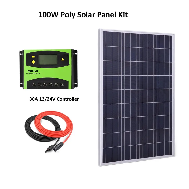 

Solar Panel System DIY Kit 100W Solar Panel Polycrystalline silicon CELLS+30A LCD solar controller+ cable