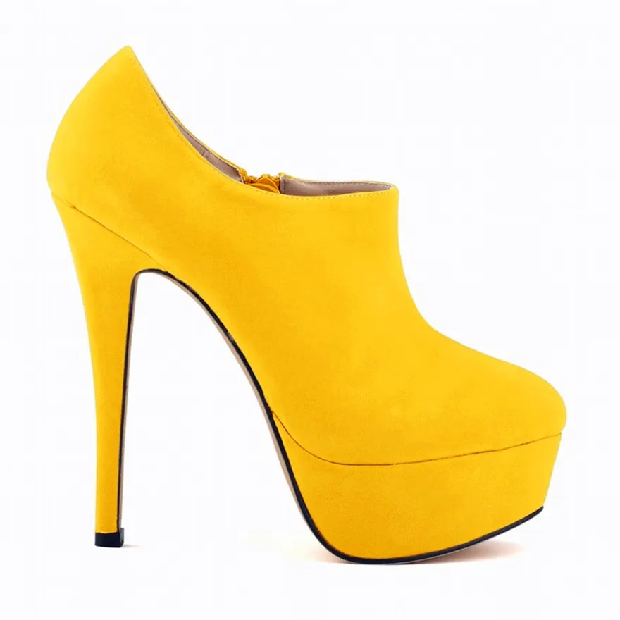 Модные ботильоны на платформе 4 см и тонком каблуке г. Новые осенние женские ботинки с боковой молнией лаконичные однотонные ботинки из флока на очень высоком каблуке - Цвет: Цвет: желтый