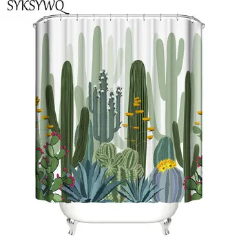 

New Design Cactus Bath Curtain Waterproof Polyester Fabric Shower Curtain Succulent Plants Douchegordijn Potted Bathroom Curtain