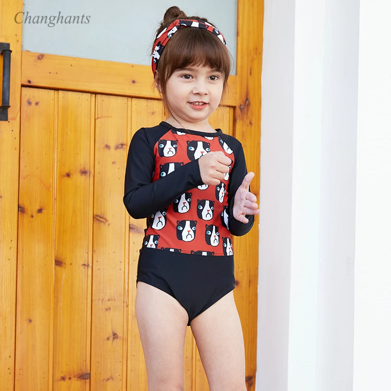 

New model Girls Swimsuit Black with dogs print 2-10 Y girl one piece swimwear kid bathing suits children summer swimming wear
