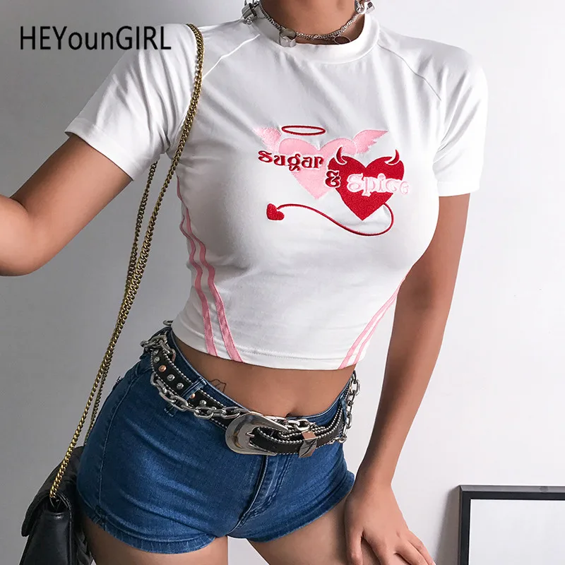 HEYounGIRL Повседневная белая футболка с вышивкой, женская укороченная Футболка Harajuku с коротким рукавом, базовая футболка с принтом, летняя женская футболка