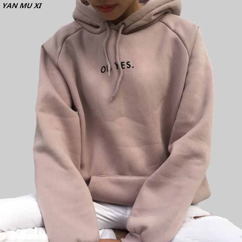 Comprar Oh sí nueva moda de pana de manga larga letra Harajuku estampado luz Rosa Pullovers tapas de cuello redondo de las mujeres Sudadera con capucha