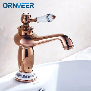 

Free Shipping Deck Mounted Gold Plated Bathroom Faucet Ceramic Handle Ceramic Holder Rose Gold Brass Basin Sink Mixer Tap RG-002