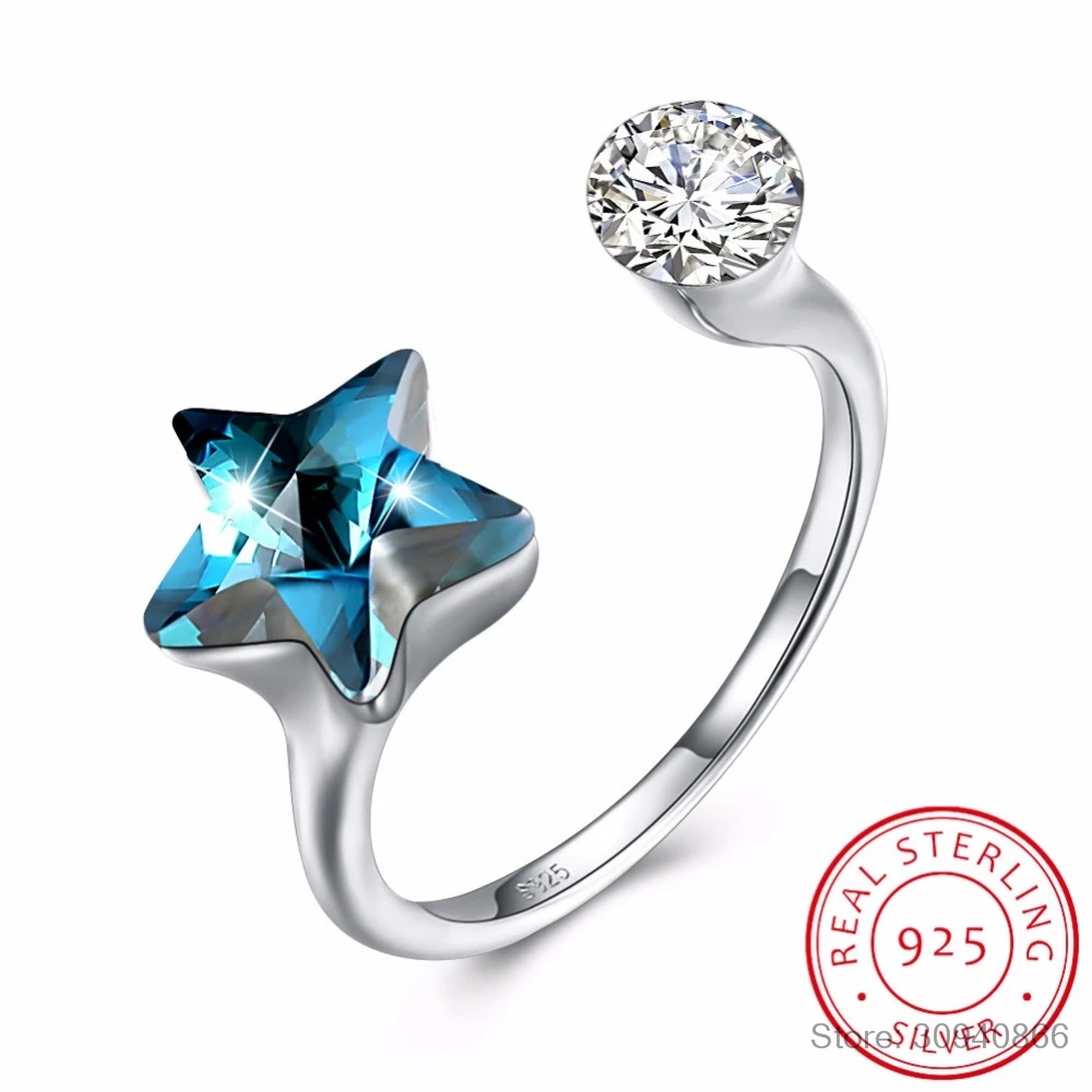 

LEKANI Crystals From Swarovski Blue Purple Butterfly Open Rings Adjustable Real S925 Silver Fine Finger Accessories For Women