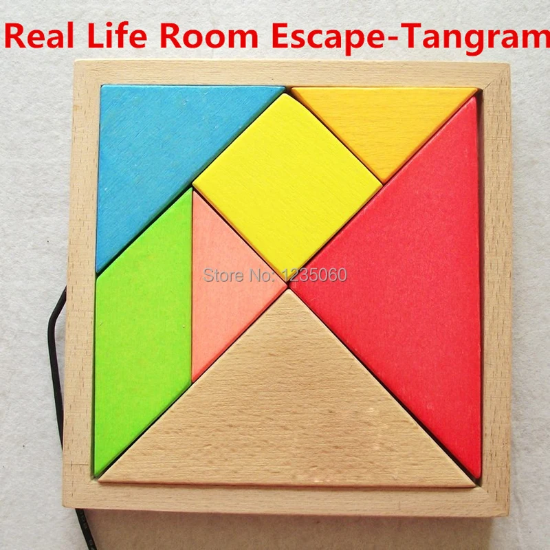 

Tangram prop for escape room game adventurers collect all color pieces to figgure out the puzzle clues and unlock chamber room