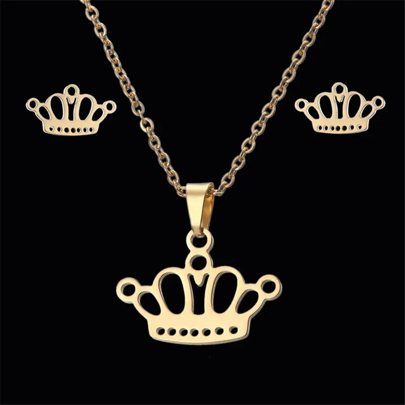

Crazy Feng High Quality Gold Color Stainless Steel Wedding Jewelry Set For Women Crown Charm Pendant Necklace And Earring Set