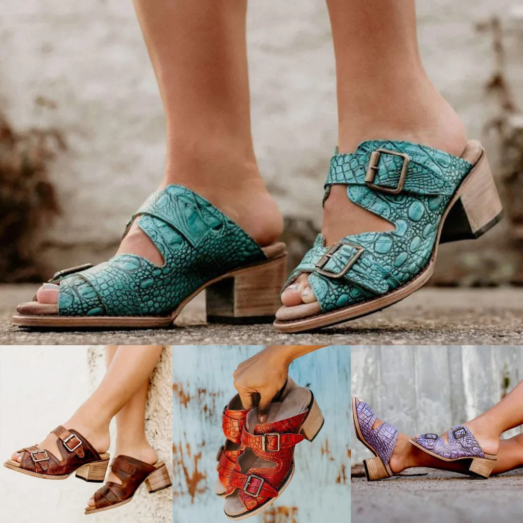 

Women's Pointed Shoes Square High Heel Slippers Retro Belt Buckle Sandal Summer new thick with sandals large size women's shoes