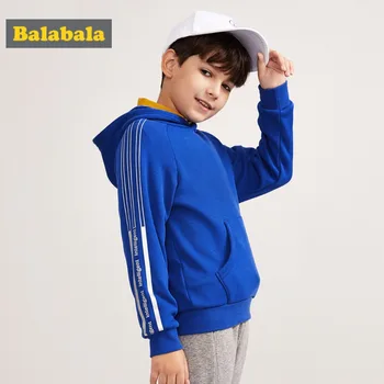 

Balabala Boy Fleece-Lined Side-Striped Sleeved Hooded Sweatshirt with Kangaroo Pocket Pull-over Hoodie with Long Ragalan Sleeves