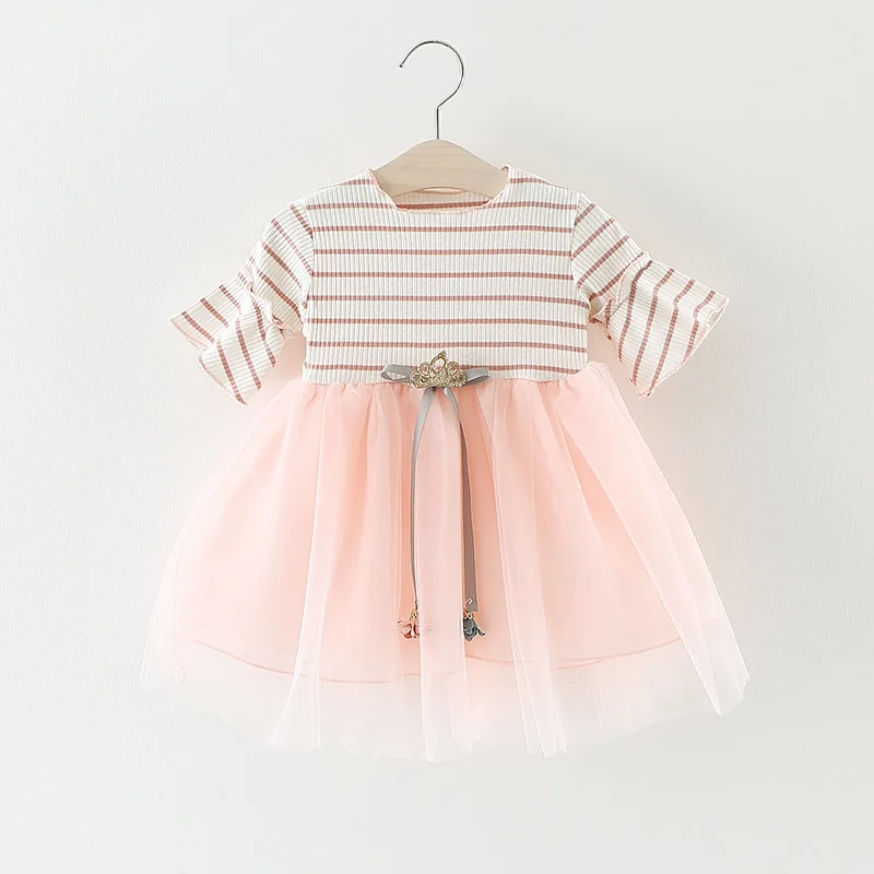Fashion Summer Roupas De Bebe Flare Sleeve Baby Infants Girls Kids Striped Mesh Patchwork Tutu Princess
