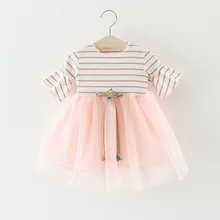 Mode D’été Roupas De Bebe Flare Manches Bébé Nourrissons Filles Enfants Rayé Maille Patchwork Tutu Princesse Dress Robes S4887
