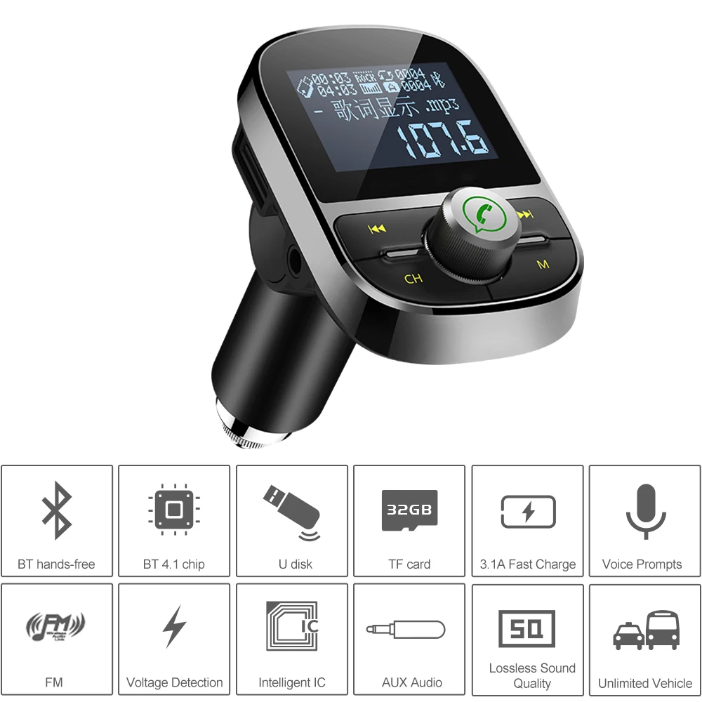 

FM Transmitter Car BT FM Radio Adapter Big Screen Display MP3 WMA APEP FLAC Hand Free Calling Dual UBS Car Charger