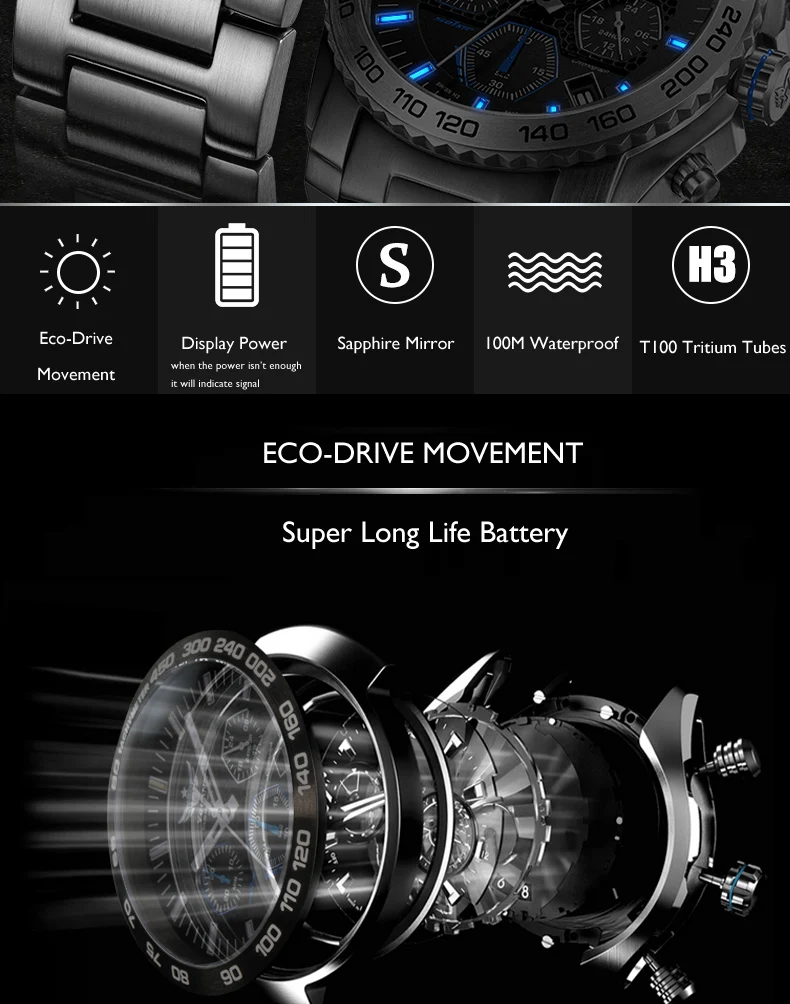 Новое поступление YELANG V1210 Eco-Drive Move men t T100 Тритий светящийся стальной ремешок сапфировое зеркало мужские деловые часы наручные часы