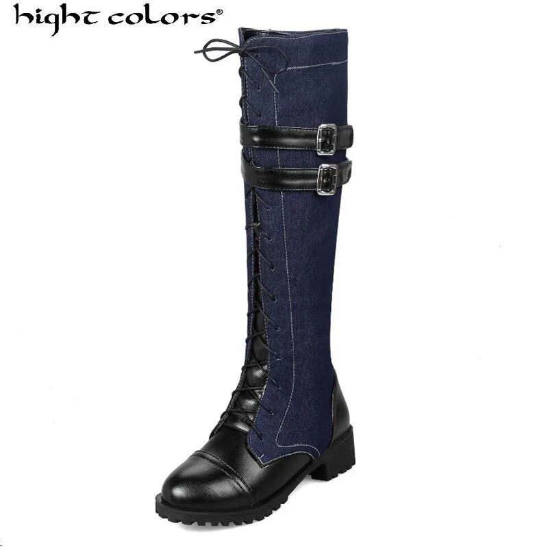

Fashion Color Matching Denim High Boots Belt Buckle With Flat-Bottomed Knight Boots For Women Big Size 43 44 45 46
