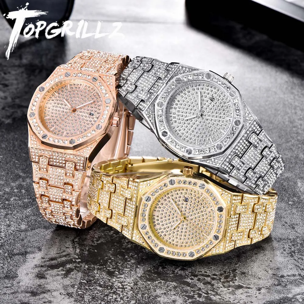 Watch Quartz Iced-Out TOPGRILLZ Gold Luxury Brand Stainless-Steel with Micropave CZ Wristband