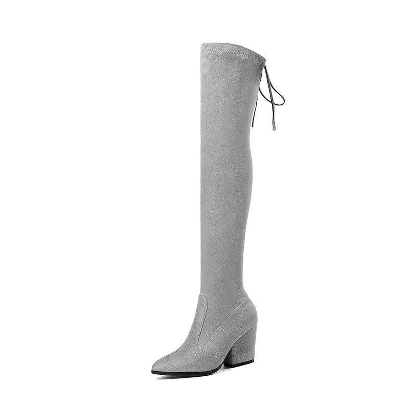 ISNOM/ г.; модный тренд; женские эластичные высокие сапоги до бедра; женская зимняя обувь на высоком толстом каблуке; женские ботфорты на шнуровке; большие размеры - Цвет: light gray