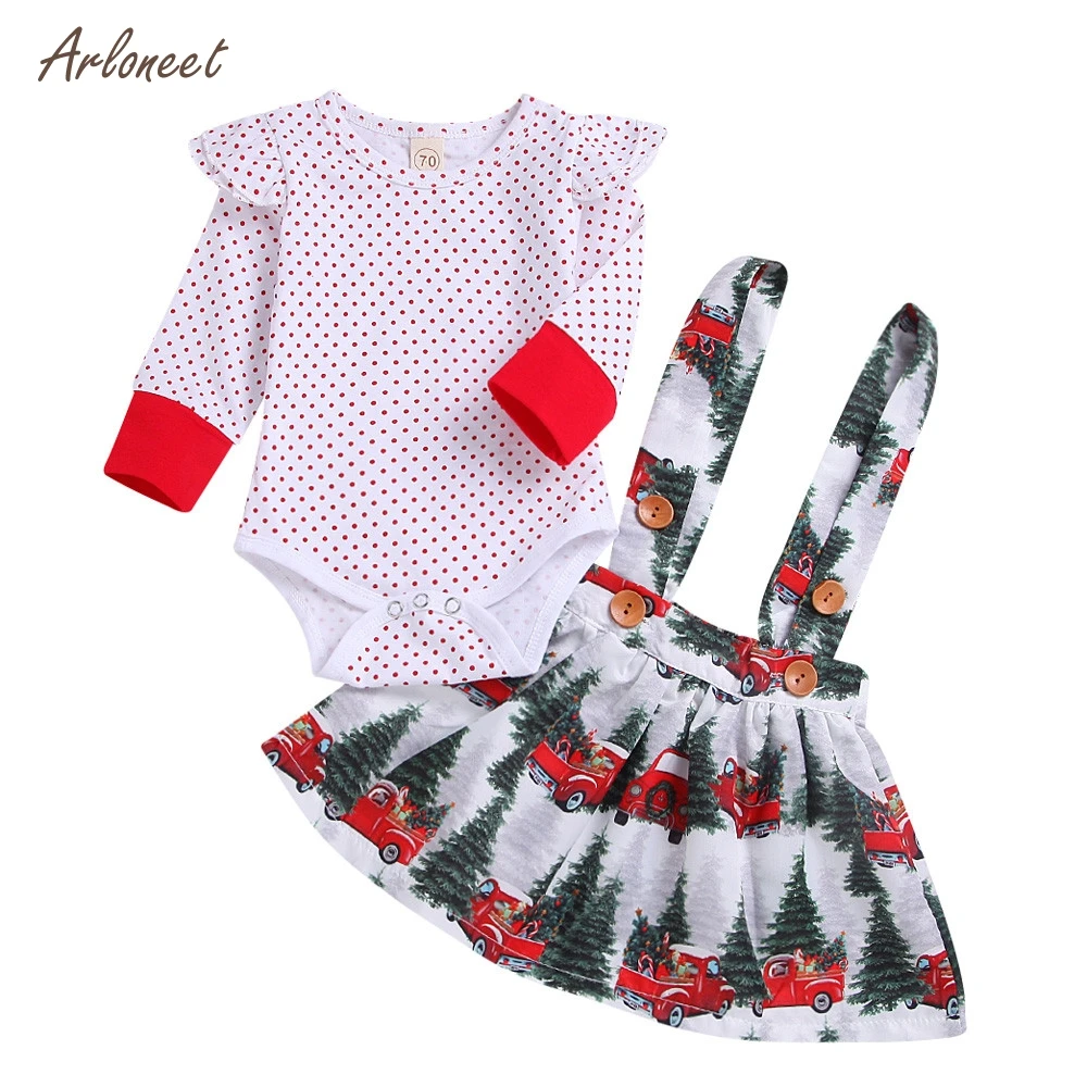 

ARLONEET christmas sets for baby girl polka dot trumpet sleeves blouse car print suspender skirt suit 2pcs kids sets for girls