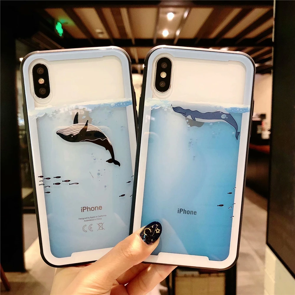 Cases For Iphone 7 Sea Whale Dolphin Phone iphone 6s 8 Plus X fashion Soft Edges Transparent Tempered Glass Cover Capa |