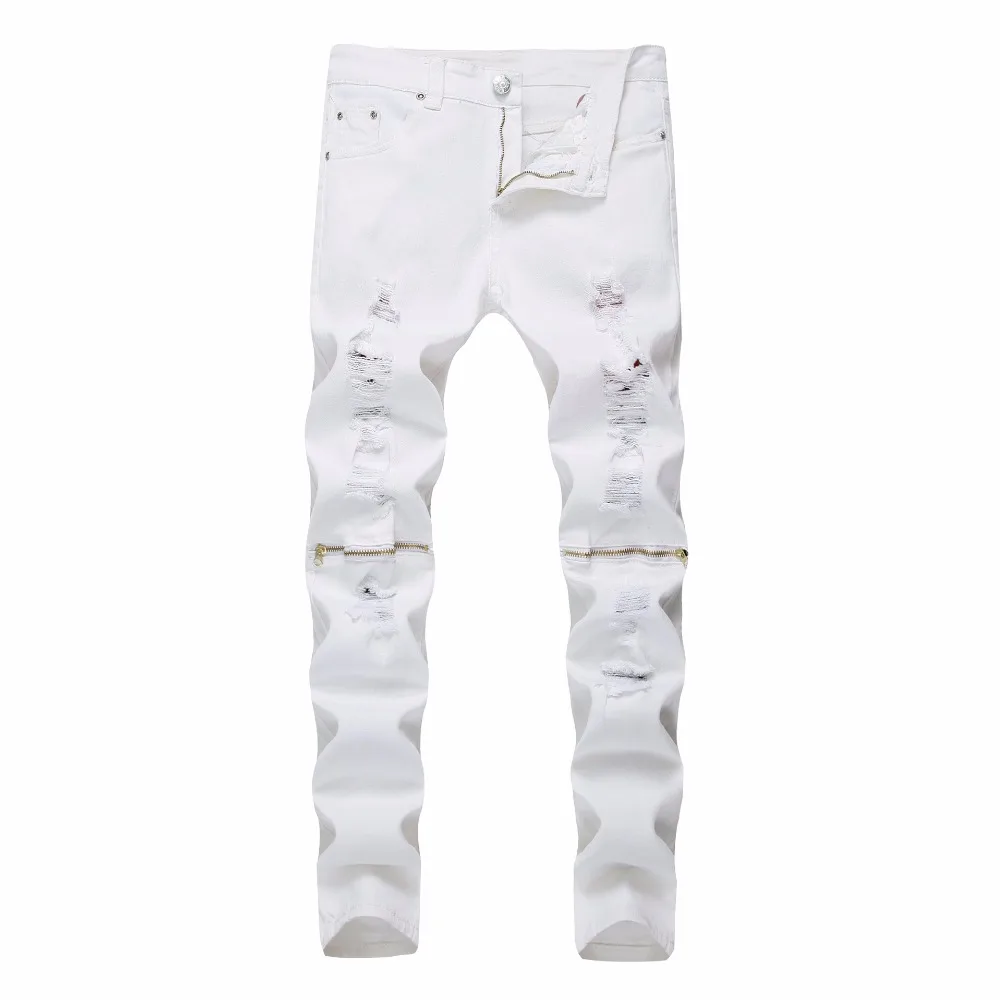 

HOT 2020 Fashion Casual white Ripped hole denim jeans men hip hop dance Men's Jeans Slim Fit Feet Broken Zipper Stretch Trousers
