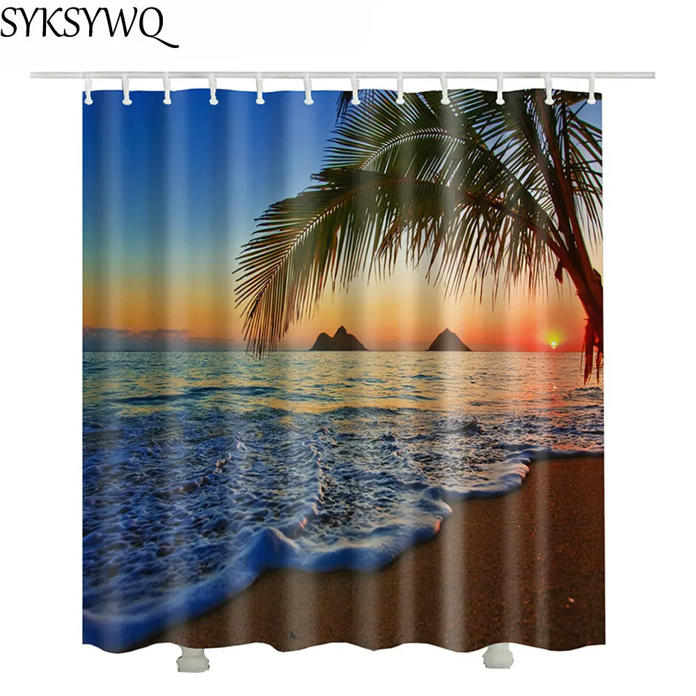 Beach Palm Shower Curtain For The Bathroom Decoration Waterproof