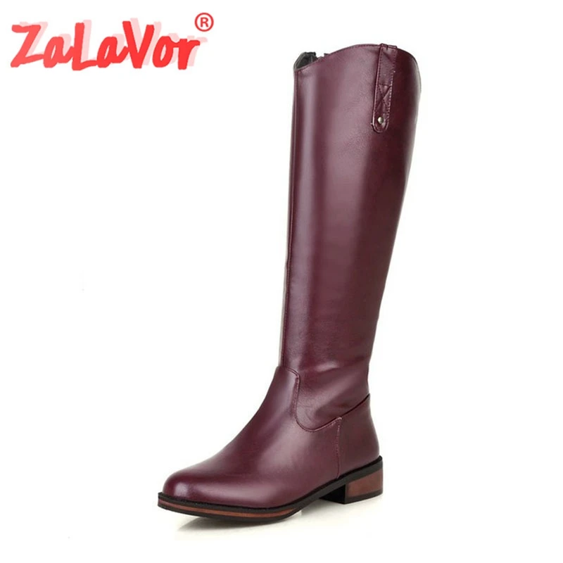 

ZALAVOR Side Zipper Women Knee High Boots Round Toe Solid Color Flats Shoes Winter Warm Pu Leather Women Footwear Size 32-43