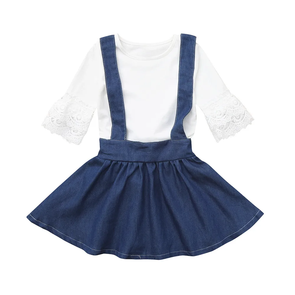 Summer Toddler Infant Baby Girls Solid Lace Tops Overall Denim Skirt 2pcs Clothing Sets 2019 Children's Dropshipping | Мать и ребенок