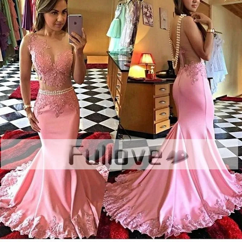 

Exquisite Pink Pearls Mermaid Evening Party Dress Long 2019 Sheer Lace Appliques Formal Prom Gowns Vestido De Festa Abendkleider