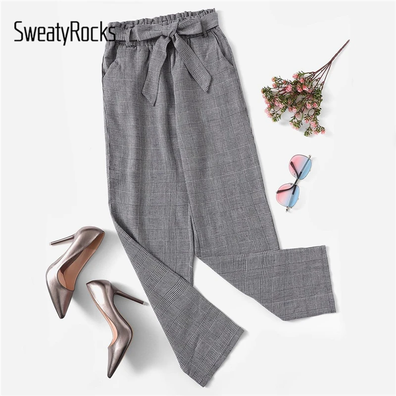 

SweatyRocks Grey Frill Waist Plaid Pants Straight Leg Belted Long Pants Tie Waist Streetwear Spring Autumn Women Casual Trousers