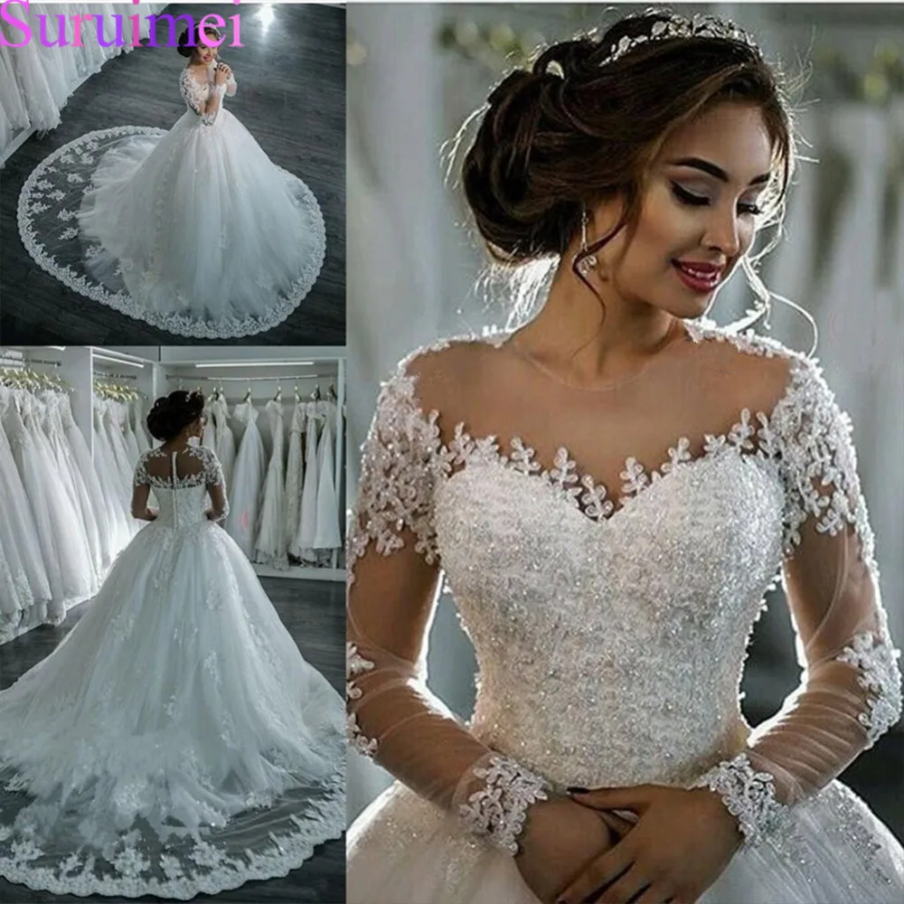 

Vestidos De Noiva 2019 Elegant A Line Long Sleeve Wedding Dress Tulle Appliques Beaded Princess Lace Wedding Gowns