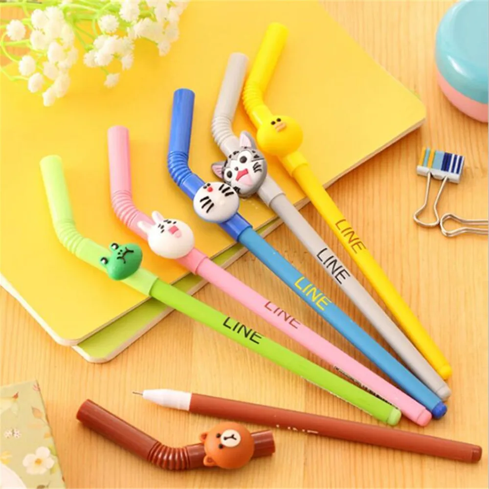6 pcs/Lot kawaii Straw Animals Cartoon Straw Gel Ink Pen Cute Line