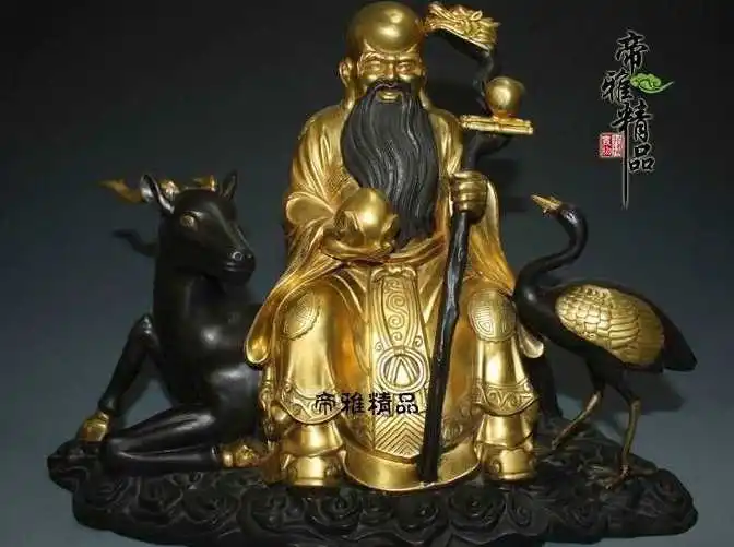 

China Bronze Copper 24K Gold Gild peach Deer Crane Longevity God Buddha Statue