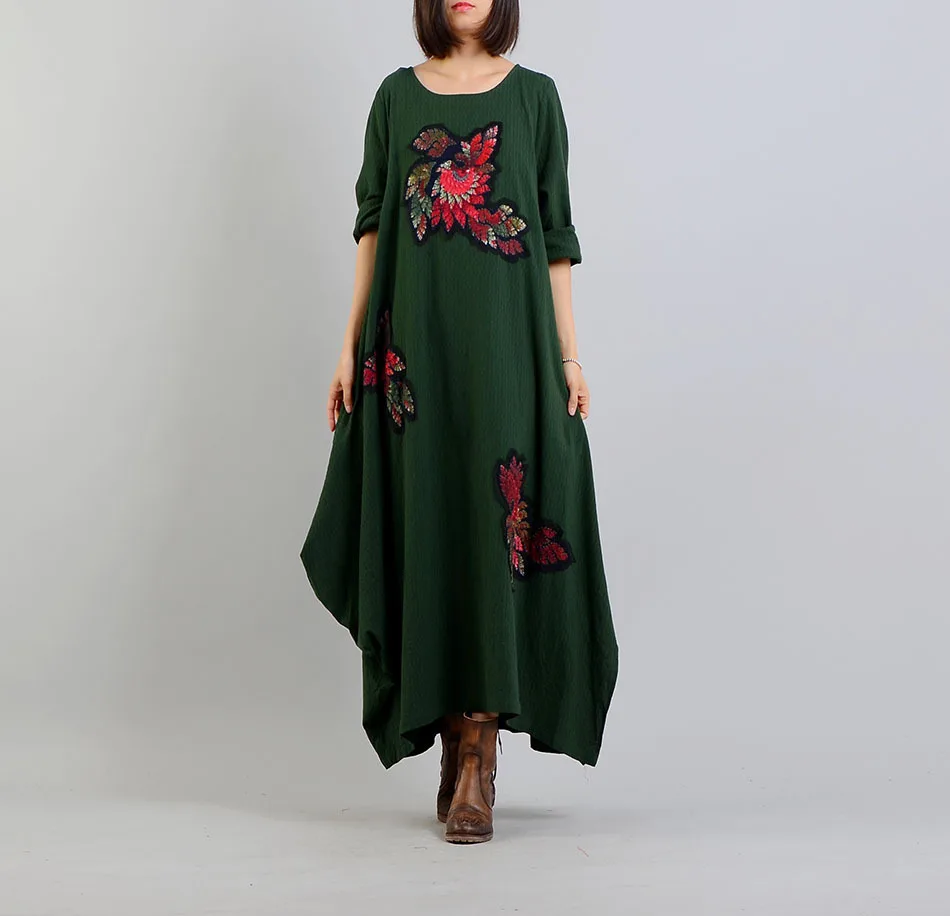 Women Spring Cotton Linen Embroidered Floral Dress Ladies Loose