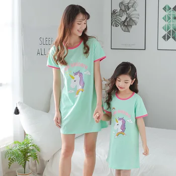 

New Cotton Mother Kids Nightdress Unicorn Nightgowns Mom Daughter Pajamas Matching Family Outfits Cartoon Girls Sleepshirt Dress