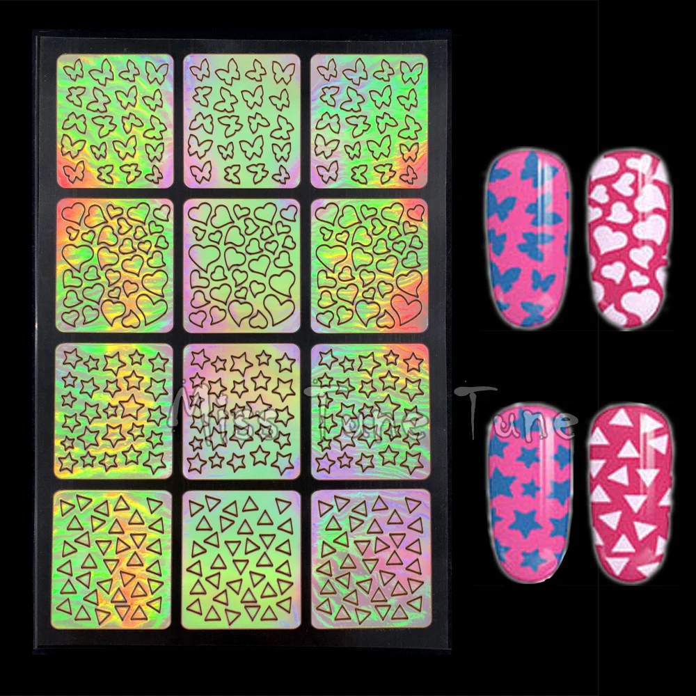 

1pcs New 12 Tips Nail Art Stencils Stickers Multiple Use Different Pattern Nail Vinyls Decals Guide Polish Transfer Template