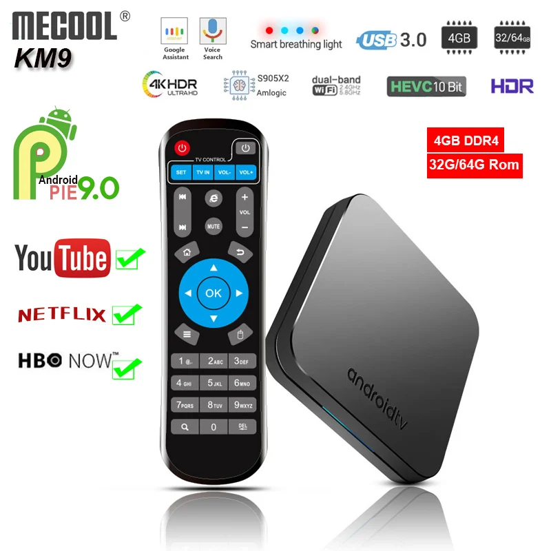 [Натуральная кожа] MECOOL KM9 Android 9 0 tv box amologic S905X2 4G LPDDR4 объемом до 32 GB/64G Rom USB3.0 2 4G/5G Wi-Fi BT 4