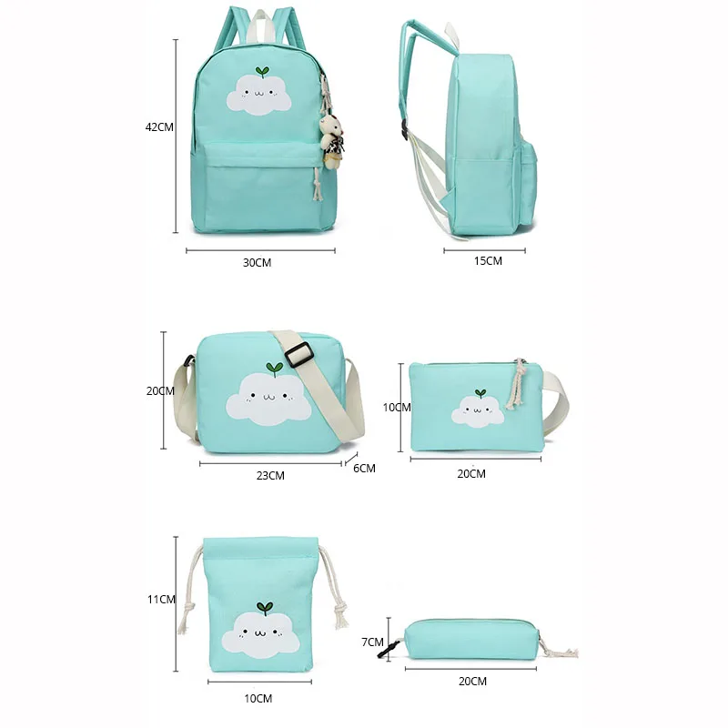 5 set Nylon Backpack Schoolbags School For Girl Teenagers Casual Children Travel Bags Rucksack Cute Printing Large Capacity