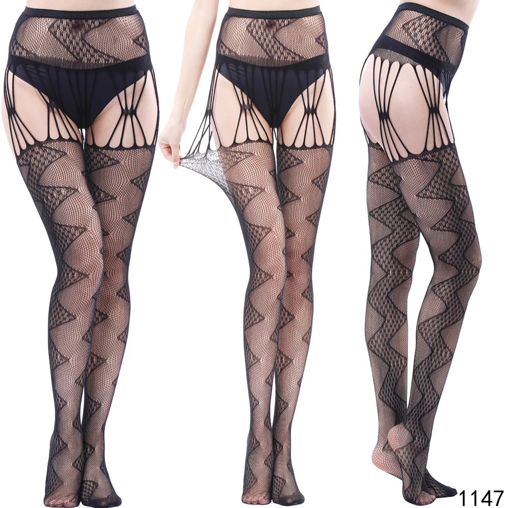 

DOIAESKV Sexy Lingerie Women Stripe Elastic Stockings Hollow Black Fishnet Stocking Thigh Sheer Tights Embroidery Pantyhose