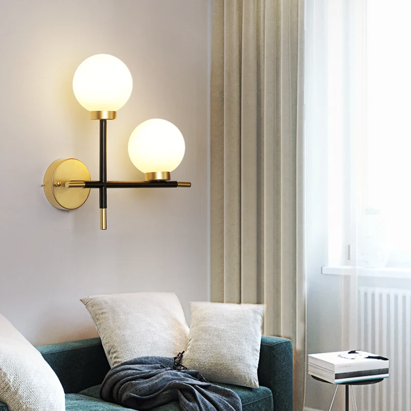 Bola de Vidro Lâmpada de Parede para o Quarto Nordic Arte Arandela Luzes Led Branco Luminária Parede Designer Cabeças Duplas Sala Estar E27 Mod. 140053