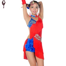 Платье для латинских танцев для девочек, 7 цветов, детский танцевальный костюм Cha/Rumba/Самба танцы, детское платье, сценические костюмы с бахромой