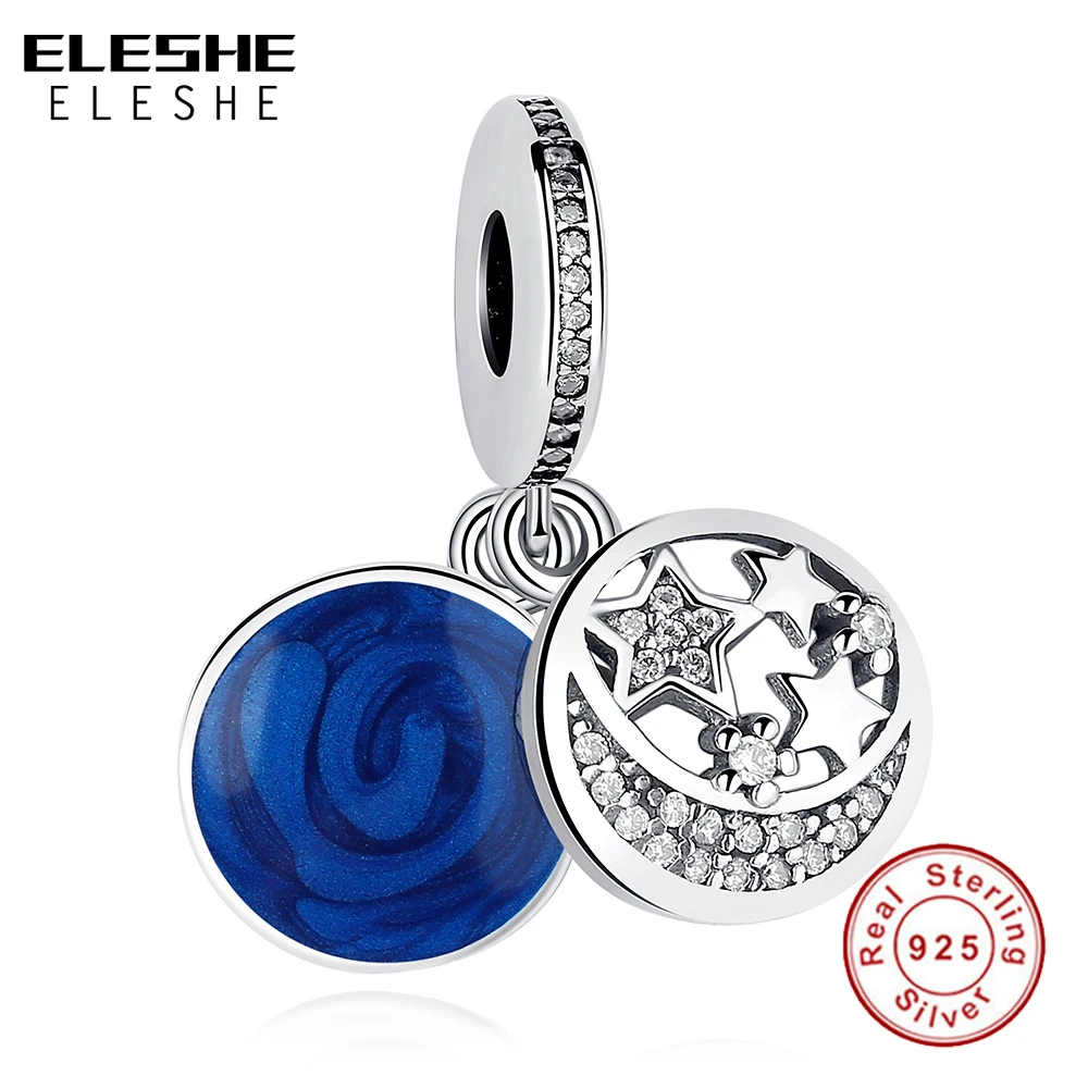 

Vintage Moon & Star Night Sky Blue Enamel Charms Beads Fit Original Bracelets Necklace Authentic 925 Sterling Silver Jewelry